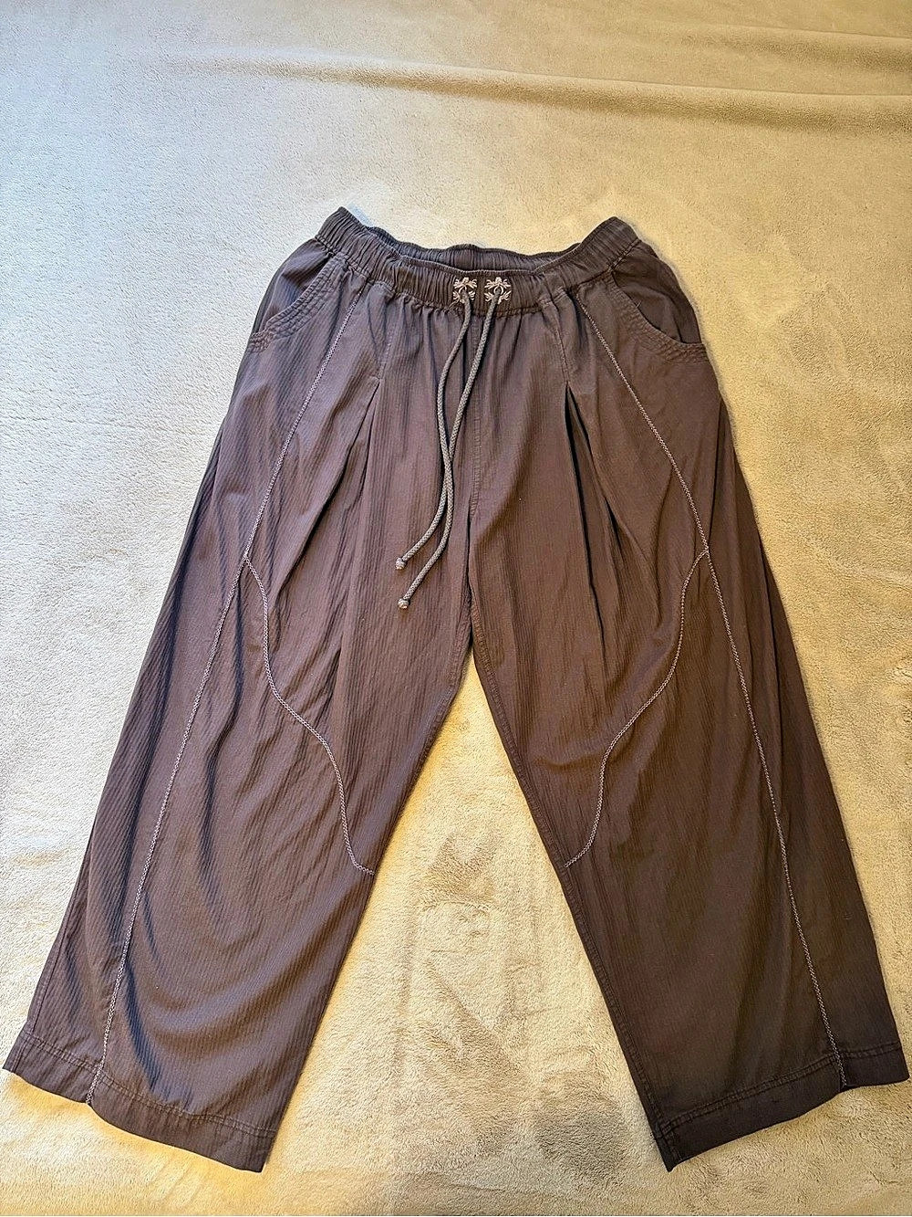 Free People Intimately Brown Cotton Relaxed Pants Contrast Stitching